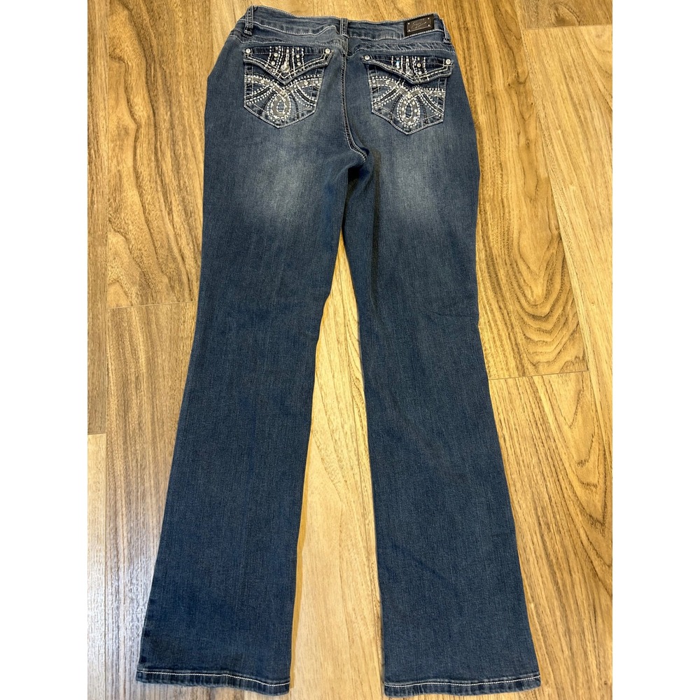 Earl Jean Women Slim Bootcut‎ Jeans Blue Rhinestone Flap Pocket Size10 Medium
